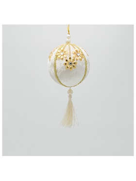 Βελουδινη Μπαλα, Μπεζ, με Λουλουδια και Φουντα, 10cm