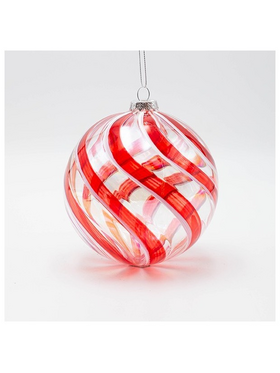Γυαλινη Μπαλα, Διαφανη, με Κοκκινες και Λευκες Γραμμες, σετ 2τμχ, 12cm