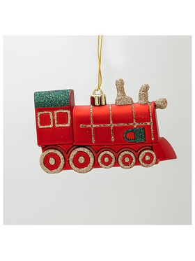 Πλαστικο Στολιδι, Κοκκινο Τρενακι με Πρασινο Glitter, σετ 2τμχ, 11cm
