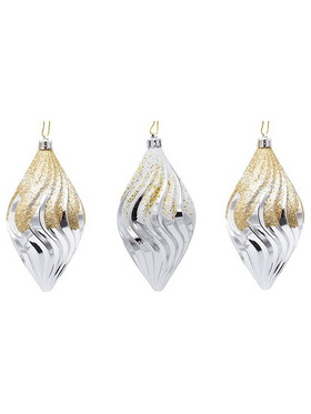Πλαστικο Στολιδι, Ασημι, με Χρυσο και Λευκο Glitter, σετ 3τμχ, 14cm