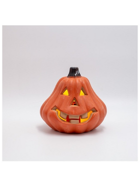 Φωτιζομενη Πορτοκαλι Κολοκυθα, Halloween Σχεδιο, Μπαταριας 2xaa, 6 Θερμα Λευκα Led, 16x14x15cm, Ip20