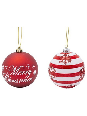Πλαστικη Μπαλα, Κοκκινη Merry Christmas και Χιονονιφαδα, σετ 4τμχ, 10cm