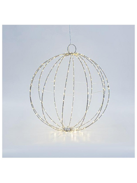 Ασημι Μεταλλικη Μπαλα Φωτιζομενη 40cm, 240 Mini Led, Σταθερος Μετασχηματιστης, Ασημι Χαλκινο Καλωδιο, Θερμο Λευκο Led, Προεκταση Παροχης 3m, Ip44
