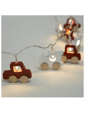 Σειρα 10 led με Διακοσμητικα Ξυλινα Αμαξια, Μπαταριας 3χαα, Timer, Θερμο Λευκο Led, Διαφανο pvc Καλωδιο, Προεκταση Παροχης 30cm, Ip20