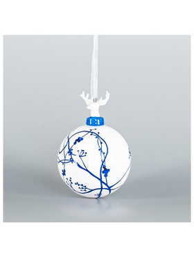 Γυαλινη Μπαλα, Λευκη με Πορσελανινο Ταρανδο, με Μπλε Σχεδια, 1τμχ, 8cm