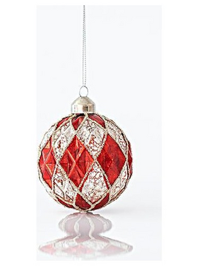 Γυαλινη Μπαλα, Κοκκινη και Ασημι, Αναγλυφη, με Glitter, σετ 4τμχ, 8cm