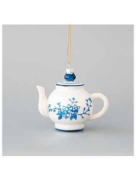 Γυαλινο Στολιδι, Τσαγιερα, Λευκη με Μπλε Λουλουδια, σετ 4τμχ, 11x7,5x10cm