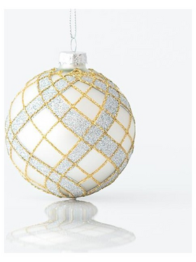 Γυαλινη Μπαλα, Ασημι Ματ, με Ασημι Glitter, σετ 4τμχ, 8cm