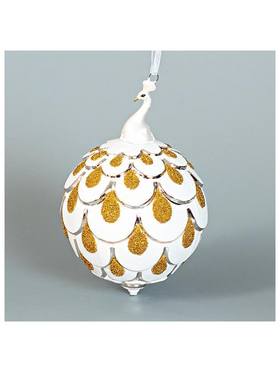 Γυαλινη Μπαλα, Λευκη με Πορσελανινο Παγωνι, με Χρυσα Σχεδια, 1τμχ, 9cm