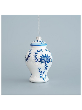 Γυαλινο Στολιδι, Βαζο, Λευκο με Μπλε Λουλουδια, σετ 2τμχ, 7,5x12,2cm