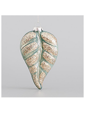 Γυαλινο Στολιδι, Φυλλο, Μεντα, με Glitter, σετ 4τμχ, 7x2,6x11,5cm