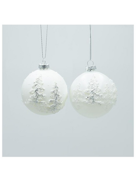 Γυαλινη Μπαλα, Λευκη, mat και Γυαλιστερη, με 3d Δεντρακια, σετ 4τμχ, 8cm
