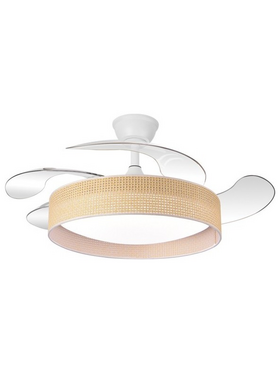 Ανεμιστηρας Οροφης Λευκος με Ανοιγοκλειομενες Φτερωτες και Καφε Πλεκτο Φ106 30w dc Μοτερ με led φωσ 45w και Κοντρολ