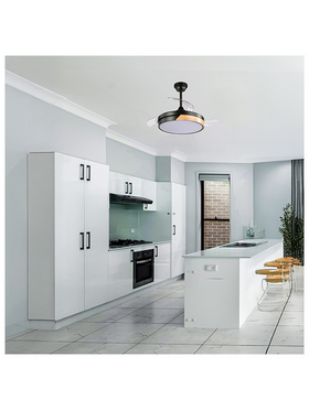 Ανεμιστηρας Οροφης Μαυρος με Ανοιγοκλειομενες Φτερωτες Φ107 Ηχειο Bluetooth led φωσ και Κοντρολ 32w dc Moteρ