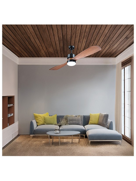 Ανεμιστηρας Οροφης Μαυρος με 2 Ξυλινες Φτερωτες Φ132 led φωσ 12w 4000k και Κοντρολ  35w dc Μοτερ