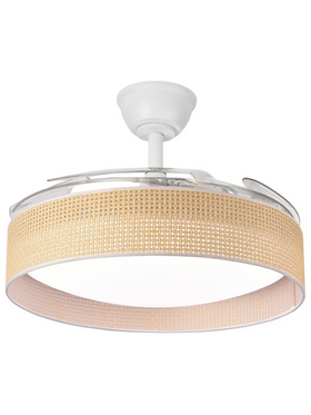 Ανεμιστηρας Οροφης Λευκος με Ανοιγοκλειομενες Φτερωτες και Καφε Πλεκτο Φ106 30w dc Μοτερ με led φωσ 45w και Κοντρολ