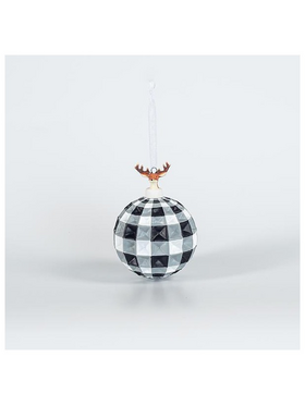Γυαλινη Μπαλα, Μαυρη Καρο, με Πορσελανινο Ταρανδο, 1τμχ, 9cm
