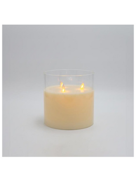 Κερι Μπαταριας, με 3 Φλογες και Γυαλι, Ιβουαρ, με Χρονοδιακοπτη, 15x15cm