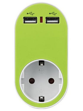 Ανταπτορας Σουκο με 2 usb Πρασινο με Προστασια Επαφων