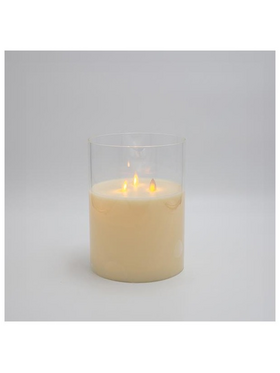 Κερι Μπαταριας, με 3 Φλογες και Γυαλι, Ιβουαρ, με Χρονοδιακοπτη, 15x20cm