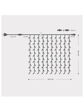 Κουρτινα, 200 led 5mm, 230v, 3 Επεκτασεις εωσ 5 Σετ, Πρασινο Καουτσουκ Καλωδιο, Λευκο led (H100 x W200cm, 20 Lines x 10 Led), Προεκταση Παροχης 1.5m, Ιρ65