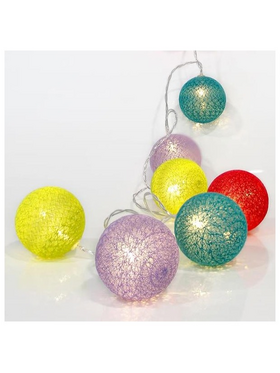 Σειρα, 10 led 5mm,  με Χρωματιστες Βαμβακερες Μπαλες 6cm, Μπαταριας 3xaa, Διαφανο pvc Καλωδιο, Θερμο Λευκο Led, ανα 15cm, Προεκταση Παροχης 50cm, Ip20