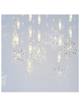 Βροχη, 56 led 5mm, με 14 Χιονονιφαδες 11cm, 3,4v, με Μετασχηματιστη, Διαφανο Καλωδιο, Θερμο Λευκο Led, 300x80cm, Προεκταση Παροχης 3m, Ip44
