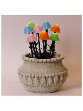 Σειρα, 8 led 5mm, με Πλαστικα Πολυχρωμα Μανιταρια H20cm, Ηλιακο Πανελ με Αισθητηρα Φωτος, Πρασινο pvc Καλωδιο,θερμο Λευκο Led, ana 50cm, Προεκταση Παροχης 1m, Ip44