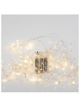 Cluster 2m, 120 Mini Led, με Περλες, Μπαταριας 3xaa, Ασημι Χαλκινο Καλωδιο, Θερμο Λευκο Led, Προεκταση Παροχης 50cm, Ip20