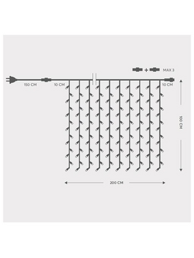 Κουρτινα, 200 led 5mm, 230v, Επεκταση ωσ 5, Προεκταση Παροχης 150cm, Πρασινο Καλωδιο, Καουτσουκ, Θερμο Λευκο Led, 200x100cm, Ιρ65