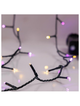 Σειρα, 240 led 3mm, 31v Μετασχηματιστη, 8 Προγραμμα & Μνημη, Πρασινο pvc Καλωδιο, Θερμο Λευκο & μωβ Led, ανα 5cm, Προεκταση Παροχης 3m, Ip44