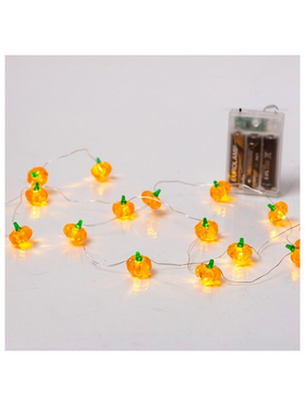 Σειρα, 20 Mini Led, Κολοκυθα με Πρασινο Κοτσανι, Μπαταριας 3xaa, Χρονοδιακοπτη, Ασημι Χαλκινο Καλωδιο, Θερμο Λευκο Led, ανα 10cm, Προεκταση Παροχης 30cm, Ip20