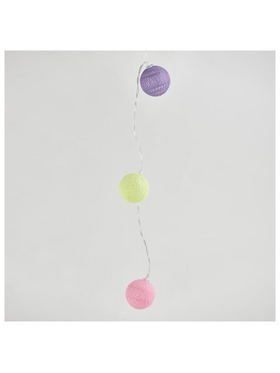 Σειρα, 10 led 5mm, με Κιτρινες, Ροζ, μωβ Υφασματινες Μπαλες 4cm, Μπαταριας 2xaa, Timer, Διαφανο pvc Καλωδιο, Θερμο Λευκο Led, ανα 15cm, Προεκταση Παροχης 30cm, Ip20