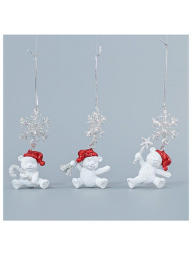 Στολιδι Ακρυλικο, Λευκο Αρκουδακι με Χιονονιφαδα, με Glitter, 6x9,8cm