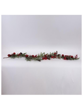 Κλαδα Χιονισμενη με Κοκκινες Μπαλες και Κουκουναρια, 170cm