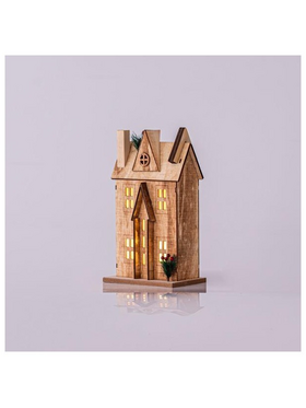 Ξυλινο Σπιτακι Φωτιζομενο, 3 led 5mm, Μπαταριας, Θερμο Λευκο, 17x11x31cm, Ip20