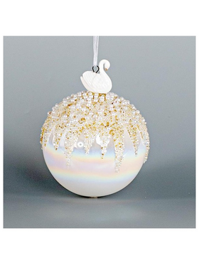 Γυαλινη Μπαλα, Ιριδιζουσα Λευκη με Πορσελανινο Κυκνο, 1τμχ, 10cm