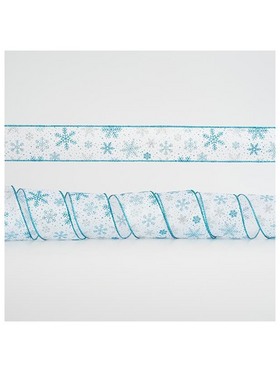 Κορδελα Λευκη με Ασημι και Μπλε Χιονονιφαδες, 6,35cm, 10y