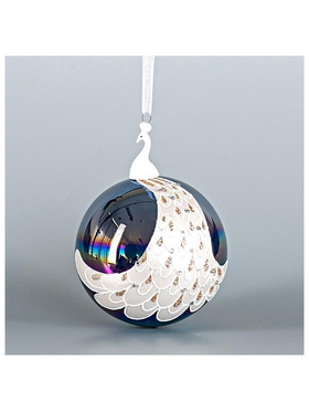 Γυαλινη Μπαλα, Μπλε με Πορσελανινο Παγωνι, 1τμχ, 10cm