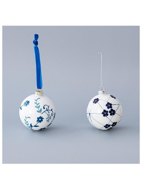 Γυαλινη Μπαλα, Λευκη με Μπλε Λουλουδια, 2 Σχεδια, σετ 4τμχ, 8cm