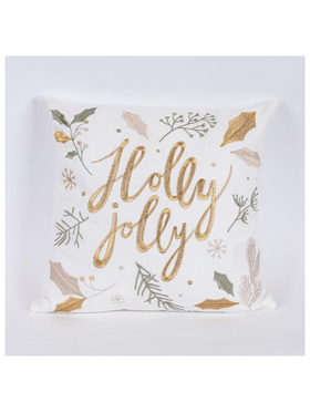 Μαξιλαρι Λευκο, με Χρυση Επιγραφη Holly Jolly, 45x45cm