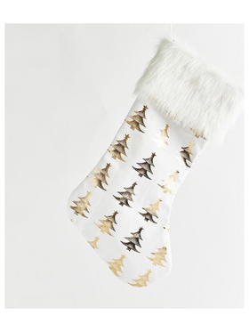 Καλτσα, Ασπρη με Χρυσα Δεντρακια, Βελουδο, 45cm