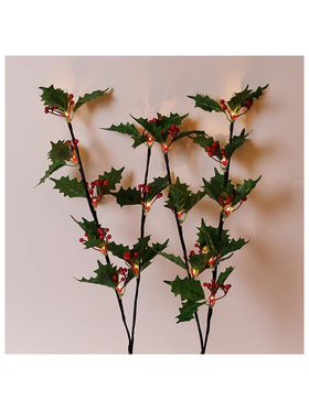 2 Κλαδια Πρασινα με Κοκκινα Μουρα H75cm, Μπαταριας 3χαα, Χρονοδιακοπτη, 2*8 Θερμα Λευκα Led, Προεκταση Παροχης 30cm, Ip20