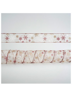 Κορδελα Διαφανη με Ασημι και ροζ Χιονονιφαδες, 6,35cm, 10y