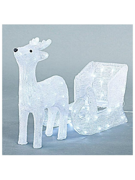 Ακρυλικος Ταρανδος με Αμαξα, 31v, 100 Λευκα Led,  με Μετασχηματιστη, 500cm Προεκταση Παροχης, 35x17x47, 47x22x29cm, Ip44