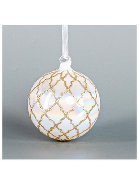 Γυαλινη Μπαλα, Ιριδιζουσα Λευκη, με Χρυσα Σχεδια, 1τμχ, 8cm