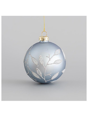 Γυαλινη Μπαλα, Απαλο Μπλε Ματ, με Glitter Φυλλα, σετ 4τμχ, 8cm