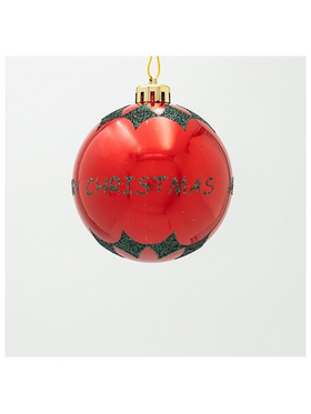 Πλαστικη Μπαλα, Κοκκινη, με Glitter Merry Christmas, σετ 6τμχ, 8cm