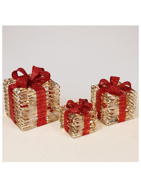 Φωτιζομενα Δωρα 15-20-25cm, 20/30/40 Led, Μπαταριας 2xaa/3xaa, Timer, Χρυσο me Kokkino Φιογκο, Θερμο Λευκο Mini Led, Ip20