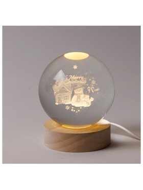 Φωτιζομενη Μπαλα 8cm, Χριστουγεννιατικη Σχεδιο, Χιονανθρωπος me Σπιτακι, Usb, 6 Θερμα Λευκα smd Led, Bαση 7cm, Προεκταση Παροχης 70cm, Ip20